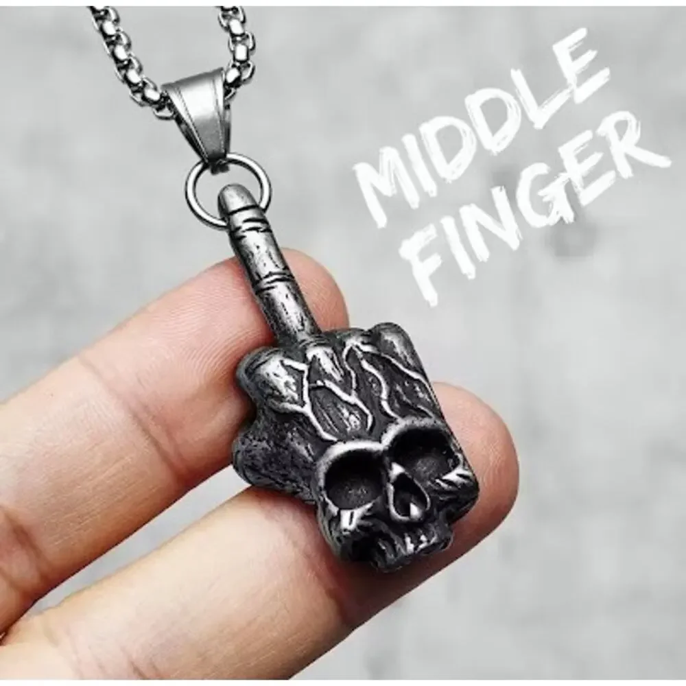 Metal Skull Middle Finger Necklace 60cm Chain Punk Rock Statement Jewelry